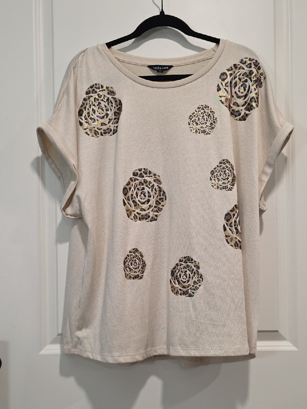 Love & Lace Cream Short Sleeve Tee with Glitter Leopard Rosette Motif